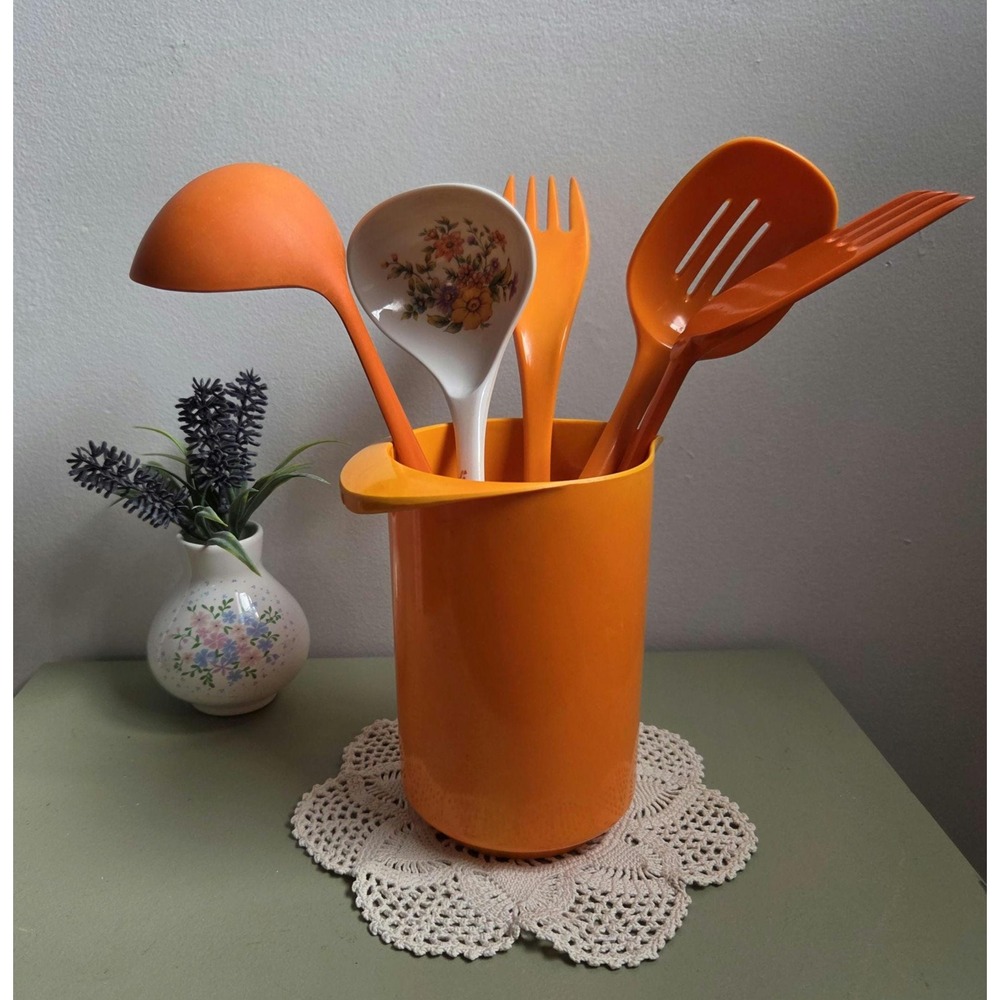 Vintage Orange Kitchen Utensil Lot Rosti Machi Melamine Retro 70s Decor